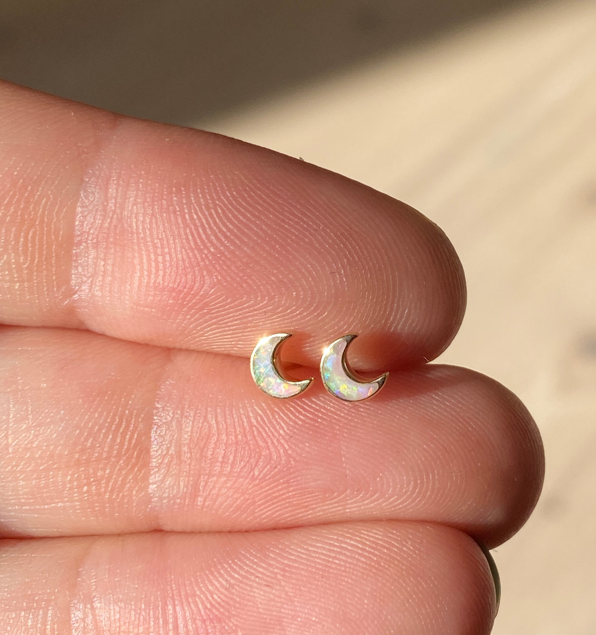 tomfoolery, Tiny Opal Moon Studs, 14ct Series