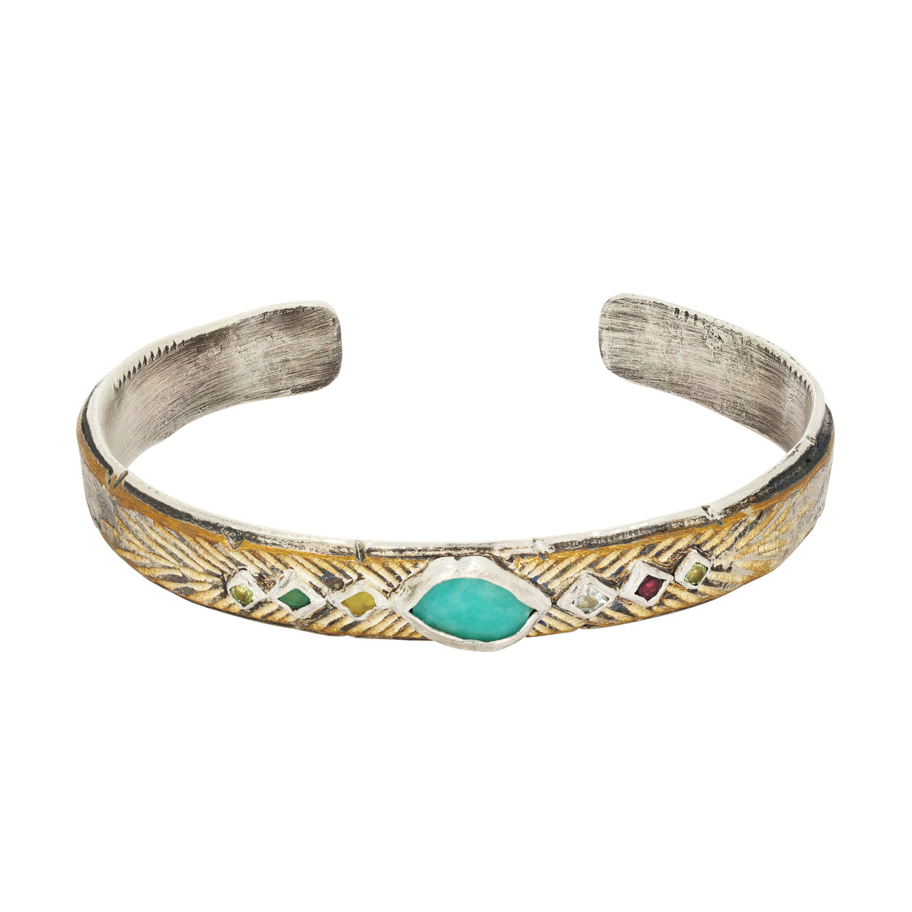 Bronze & Silver cuff with Amazonite, sapphires, peridot, aquamarine and emerald by Franny E, tomfoolery London www.tomfoolerylondon.co.uk