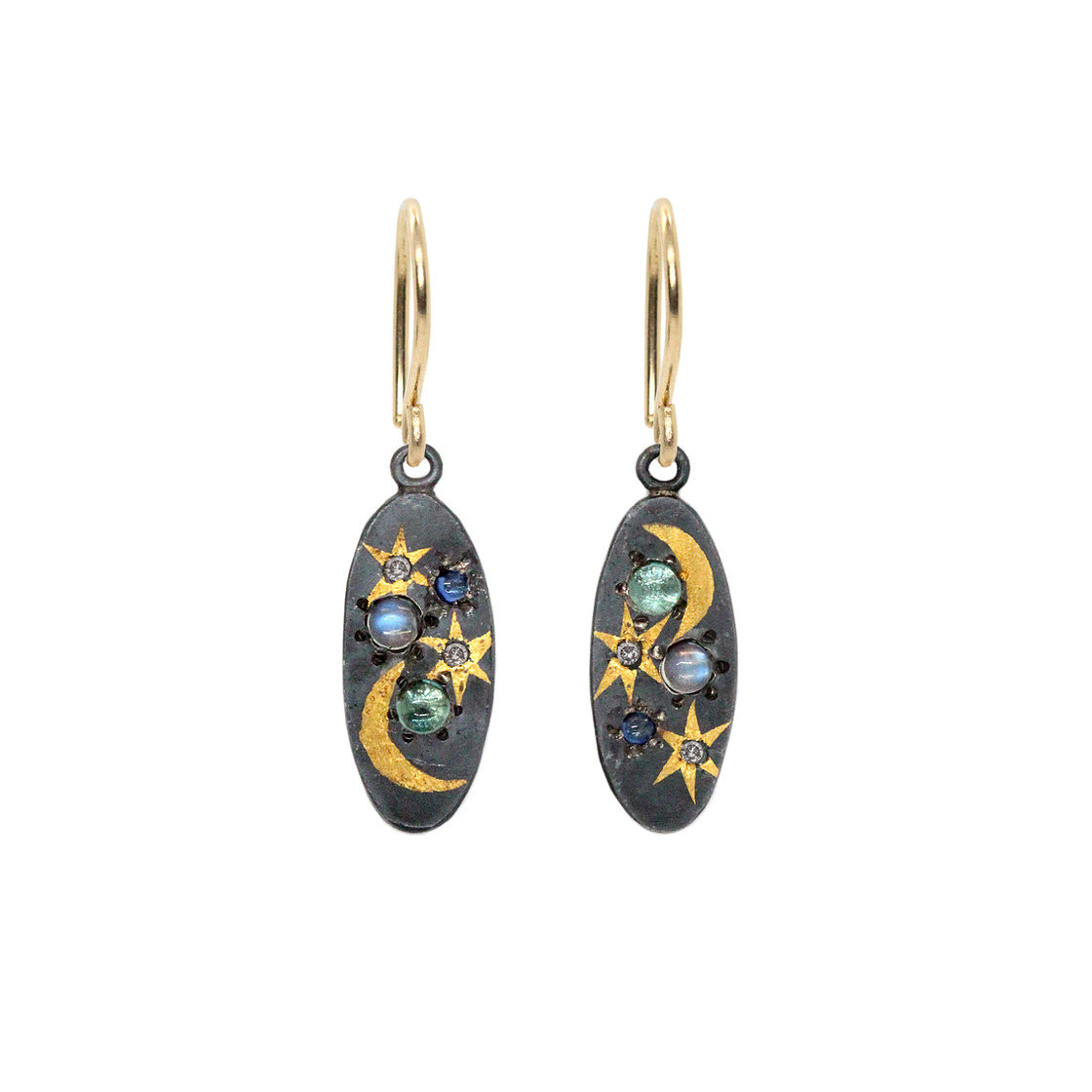 Blue scape scape drop earrings by Acanthus available to shop online at tomfoolery London | www.tomfoolerylondon.co.uk