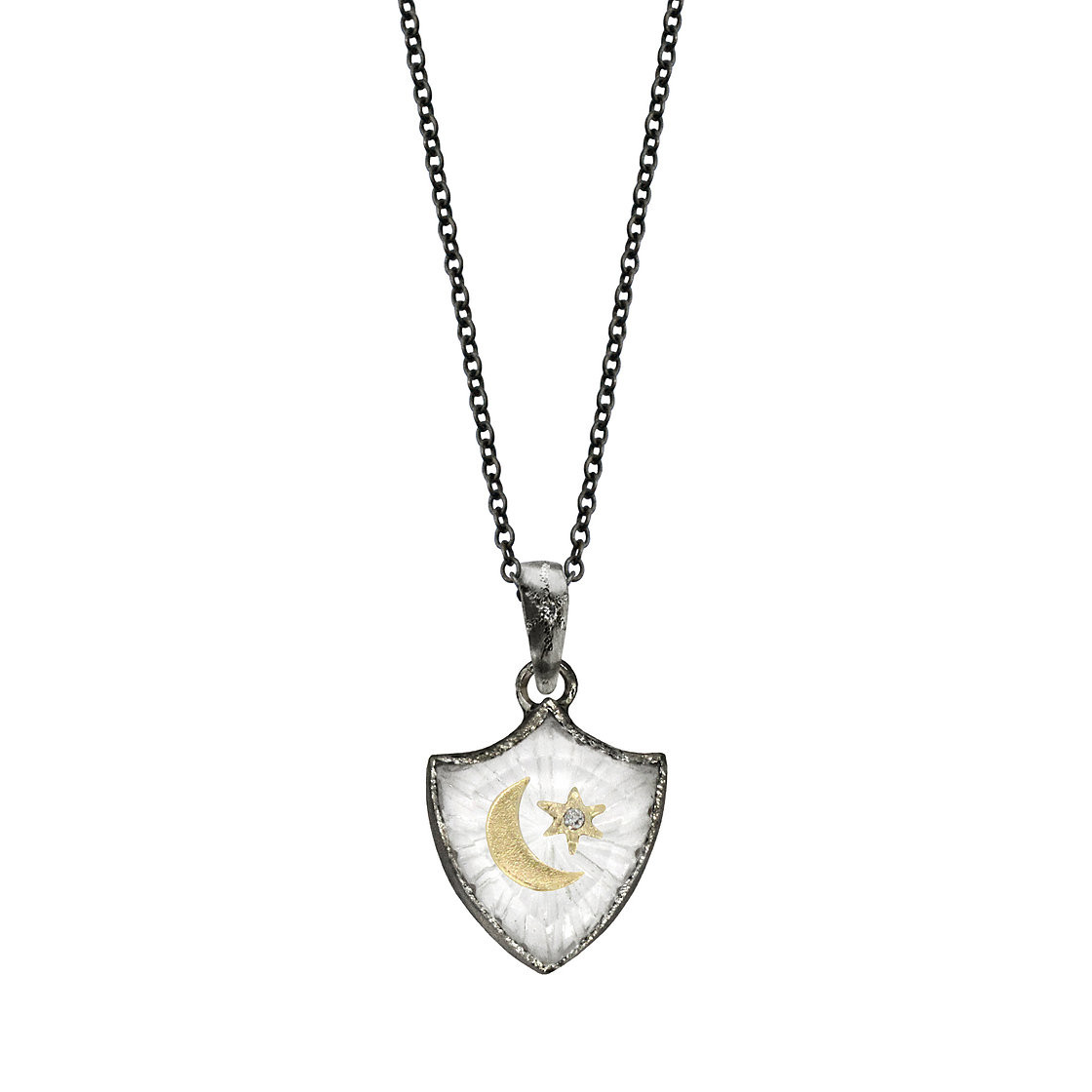 Crescent Star small shield amulet necklace by Acanthus available to shop online at tomfoolery London | www.tomfoolerylondon.co.uk