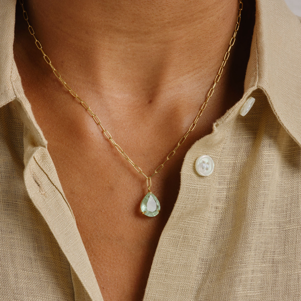 4.50ct Emerald Pear Cut Pendant With Oval Link Chain  - available at tomfoolery london