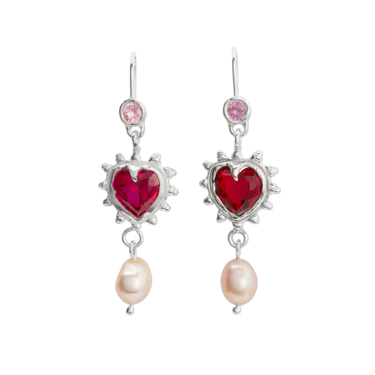 I Love Pearls Earrings in Silver, Pink Sapphire, Nano Ruby and Pearl by Millie Savage available to buy online at tomfoolery london