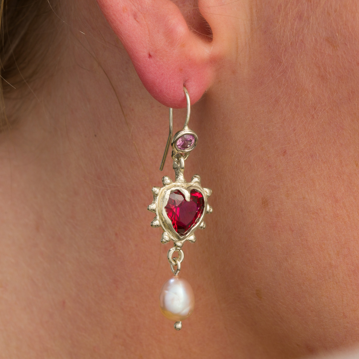 I Love Pearls Earrings in Silver, Pink Sapphire, Nano Ruby and Pearl by Millie Savage available to buy online at tomfoolery london