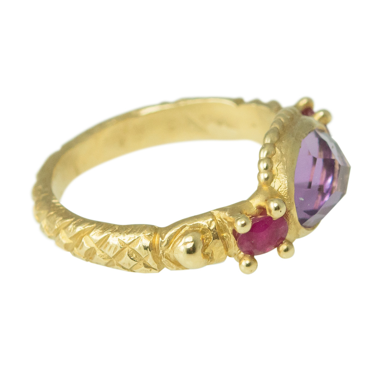 OOAK Amethyst & Ruby Trilogy Ring in 9ct Gold by Ciara Bowles available at tomfoolery London | www.tomfoolerylondon.co.uk