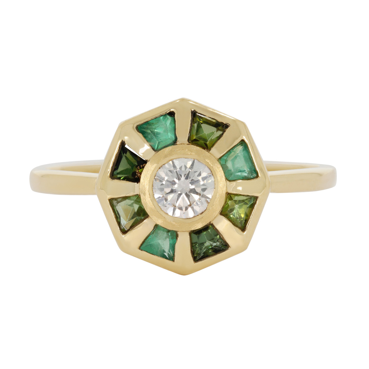 Green Baguette Diamond Halo Ring by Tableau, tf House available online at tomfoolerylondon.co.uk