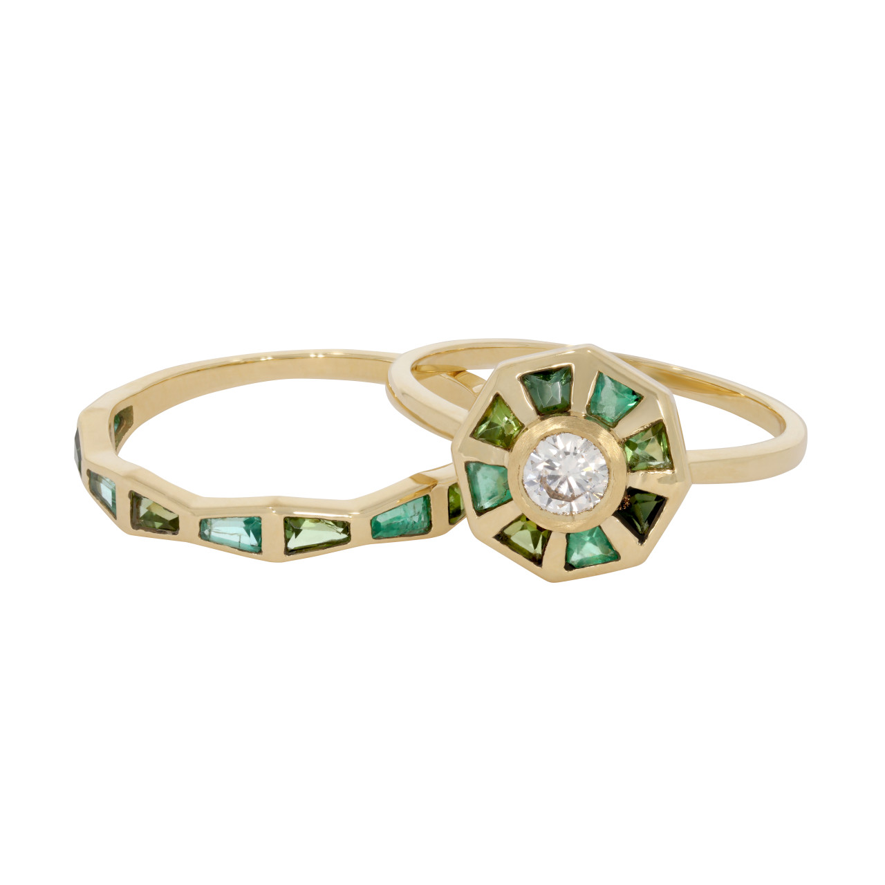 Green Baguette Diamond Halo Ring by Tableau, tf House available online at tomfoolerylondon.co.uk