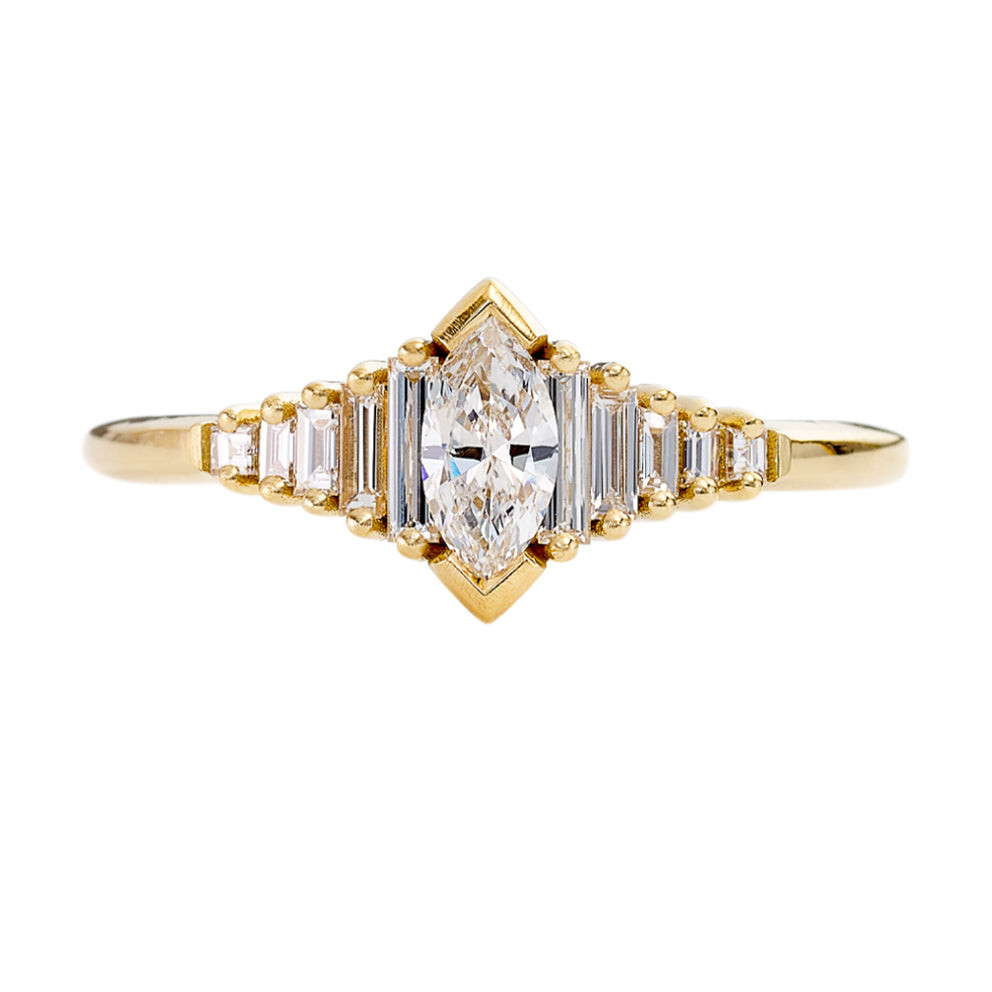 Artemer: Dainty Deco Engagement Ring with Marquise Diamond in 18ct yellow gold, tomfoolery