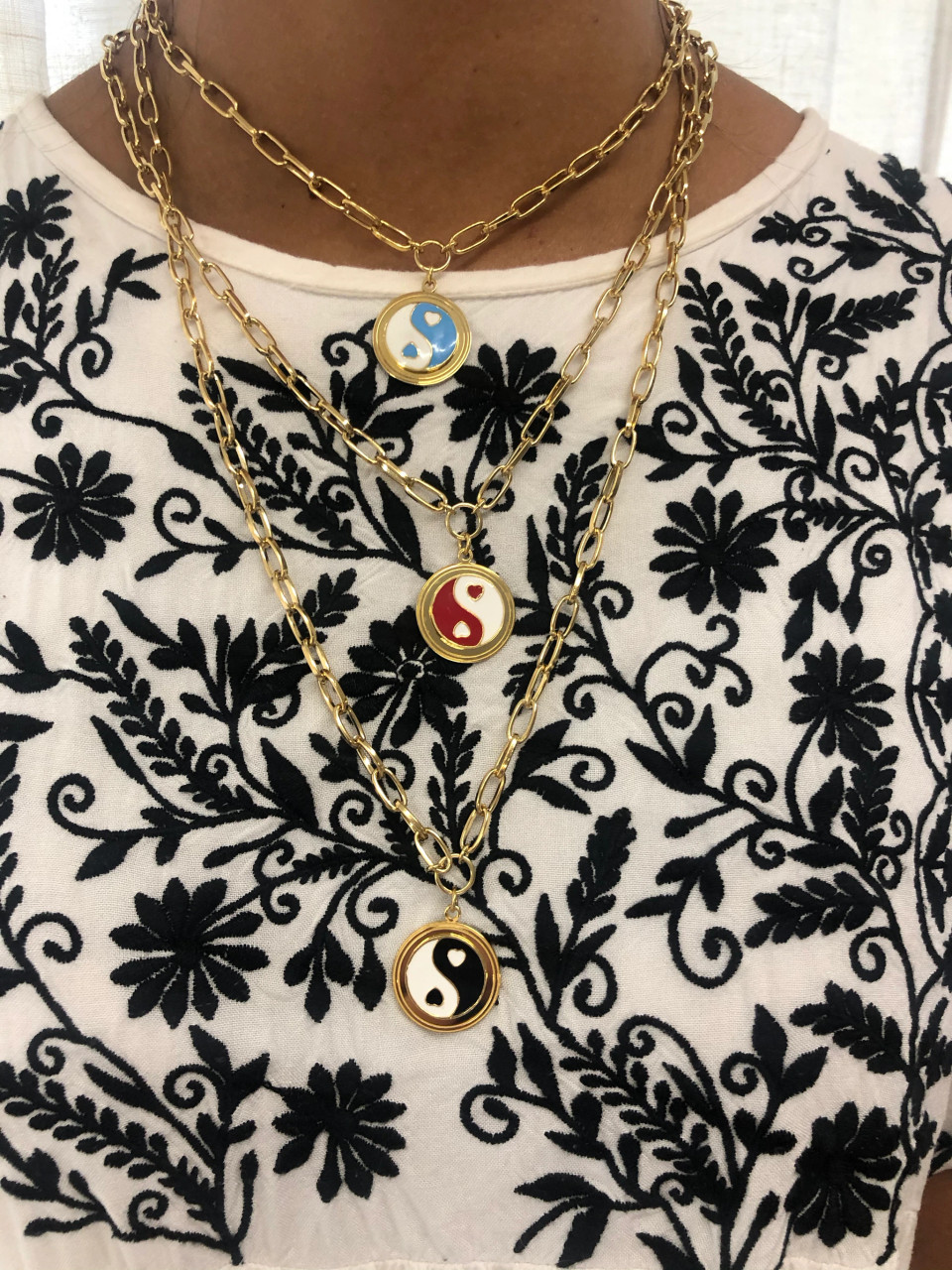 Wilhelmina Garcia: Gold Blue Yin Yang Necklace, tomfoolery