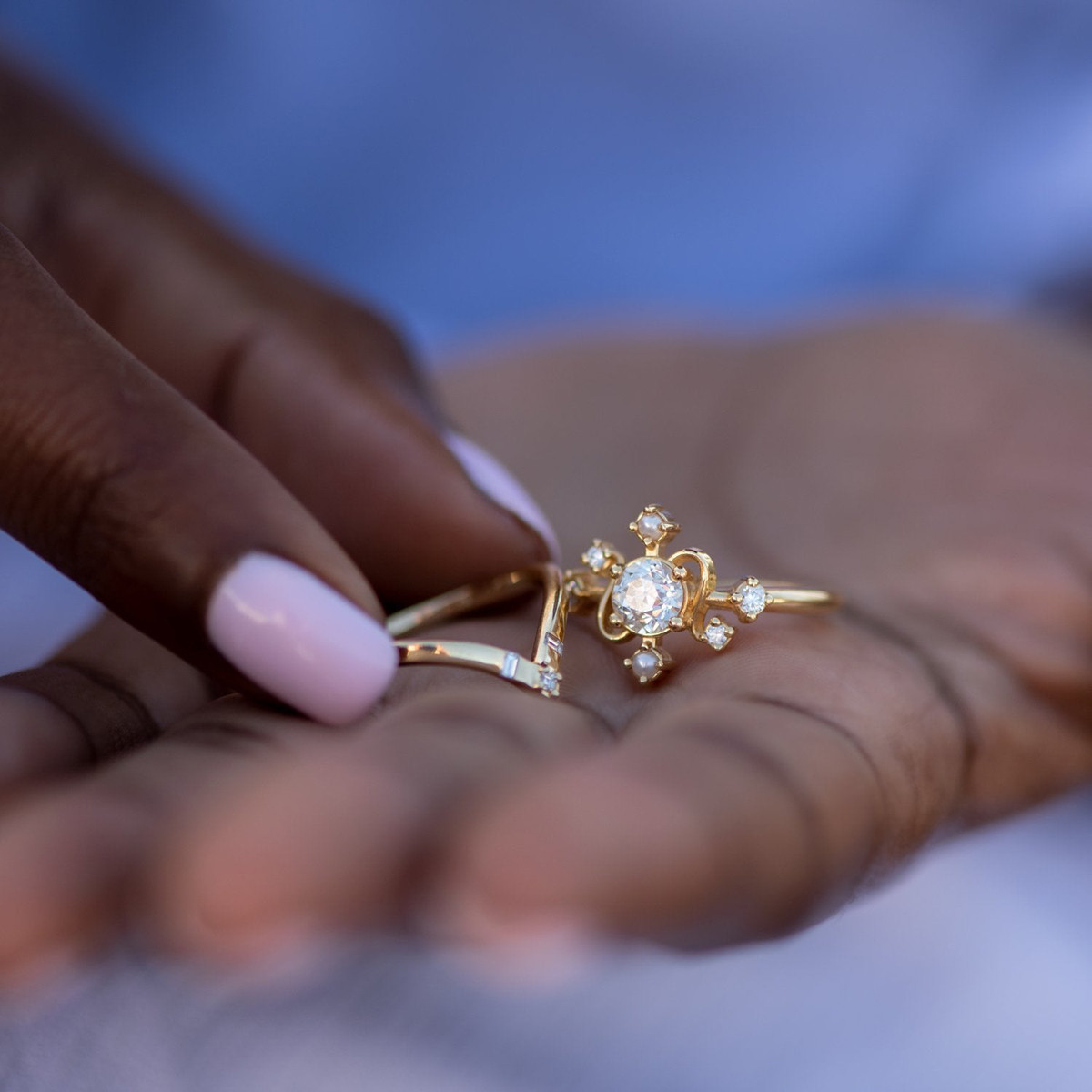 Artemer, Chevron Wedding Ring with Baguette and Carre Diamonds  , Tomfoolery London