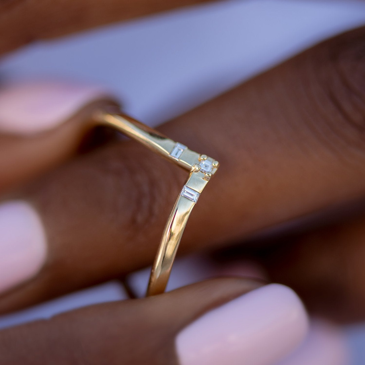 Artemer, Chevron Wedding Ring with Baguette and Carre Diamonds  , Tomfoolery London