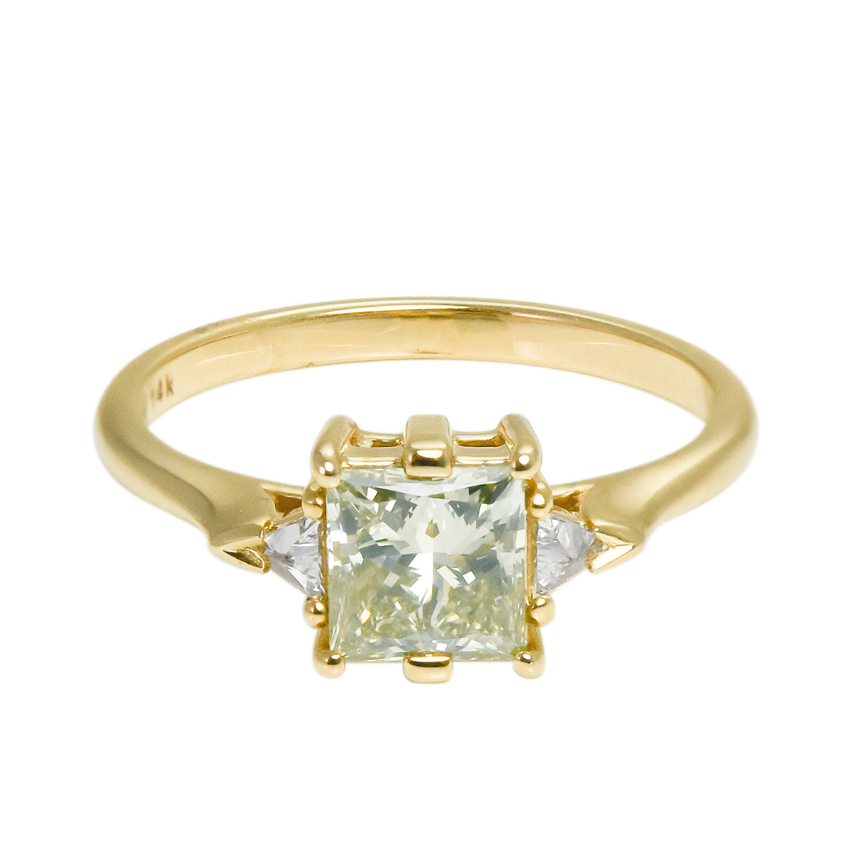 Anna Sheffield: Tf exclusive Princess cut Fancy light green diamond Bea three stone ring, tomfoolery