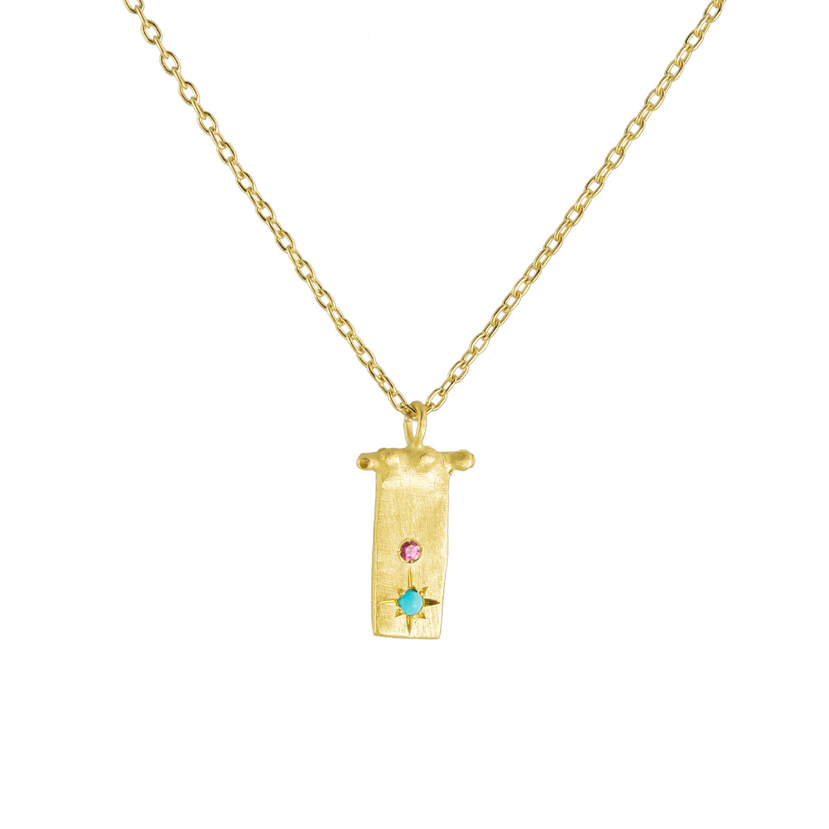 Maria Beltran: Gold plated Stirling Silver, turquoise and sapphire pendant, tomfoolery london