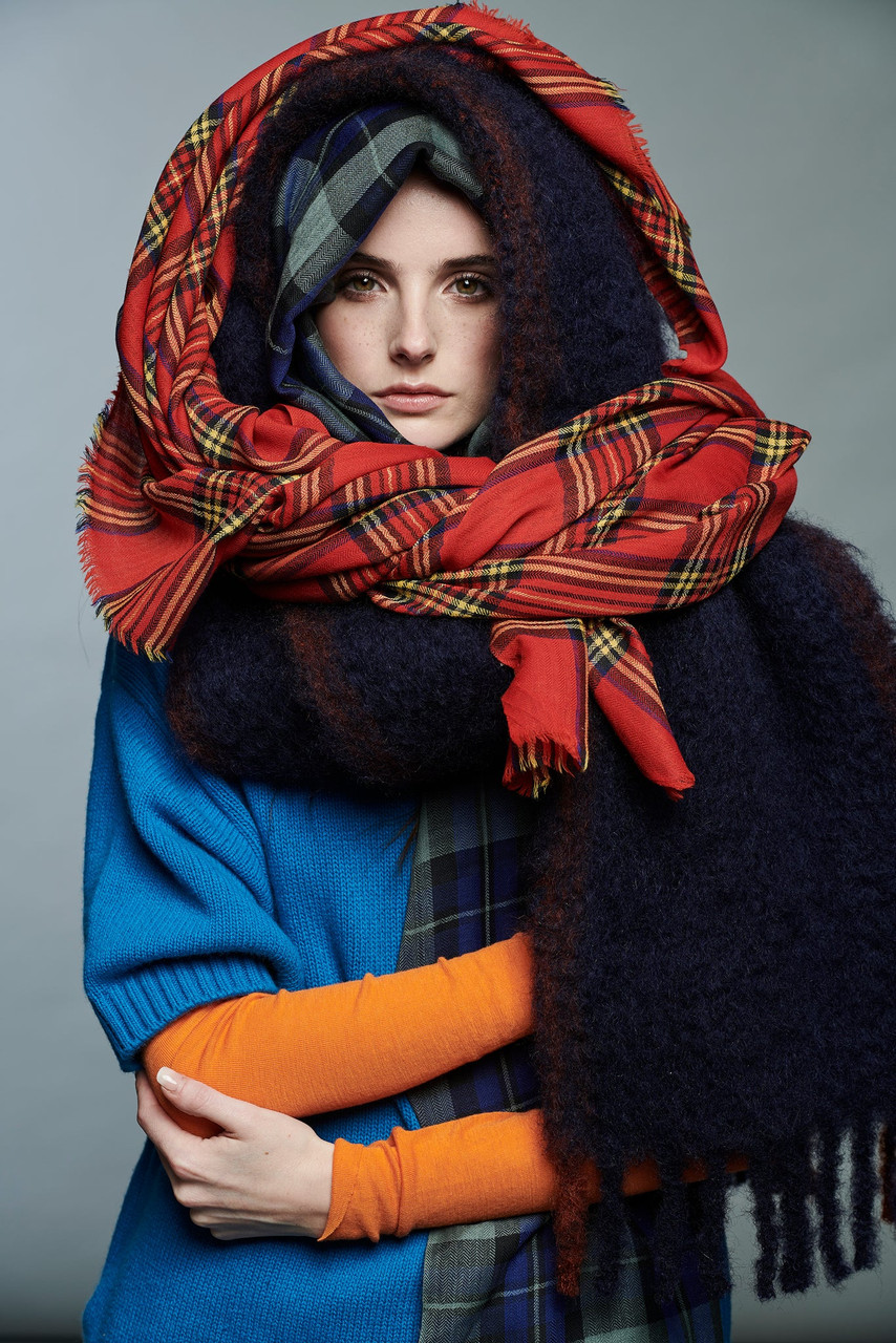 Lovat & Green: Red, Blue and Yellow Highland Check Scarf, tomfoolery london