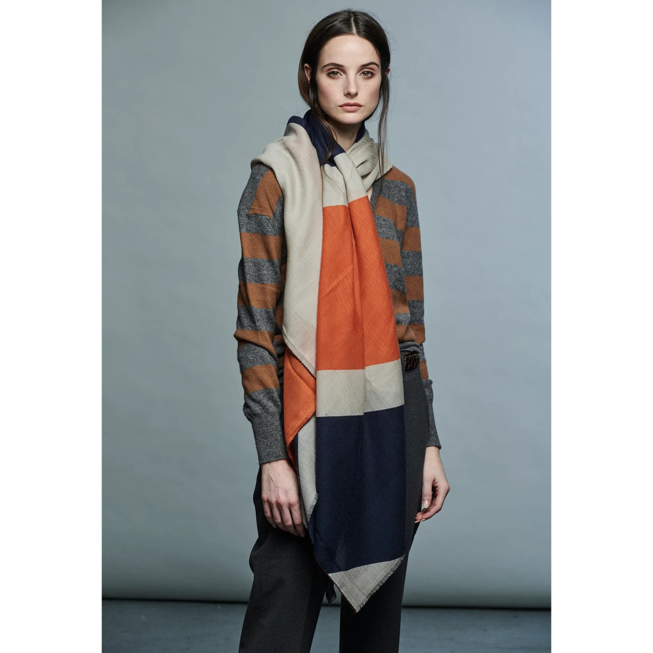 Lovat & Green: Orange, Blue and Taupe Geometric Scarf, tomfoolery london