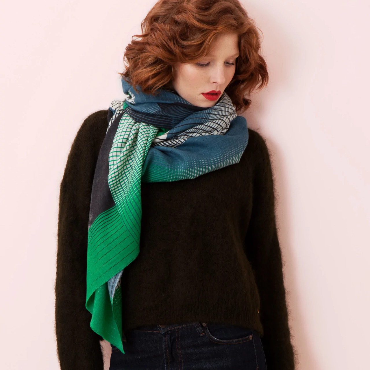Mapoesie: Emerald Green, Blue Grey and Black Graphic Print Scarf, tomfoolery london