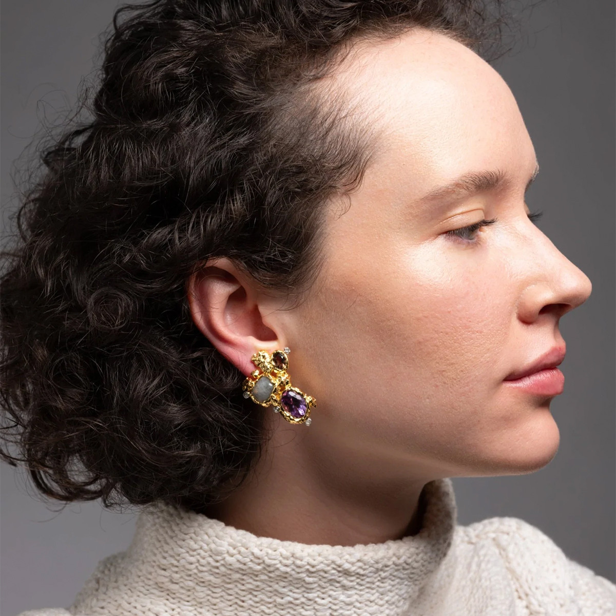 Alexis Bittar: Golden Pebble Cake Cluster Clip On Earrings - Amethyst, tomfoolery