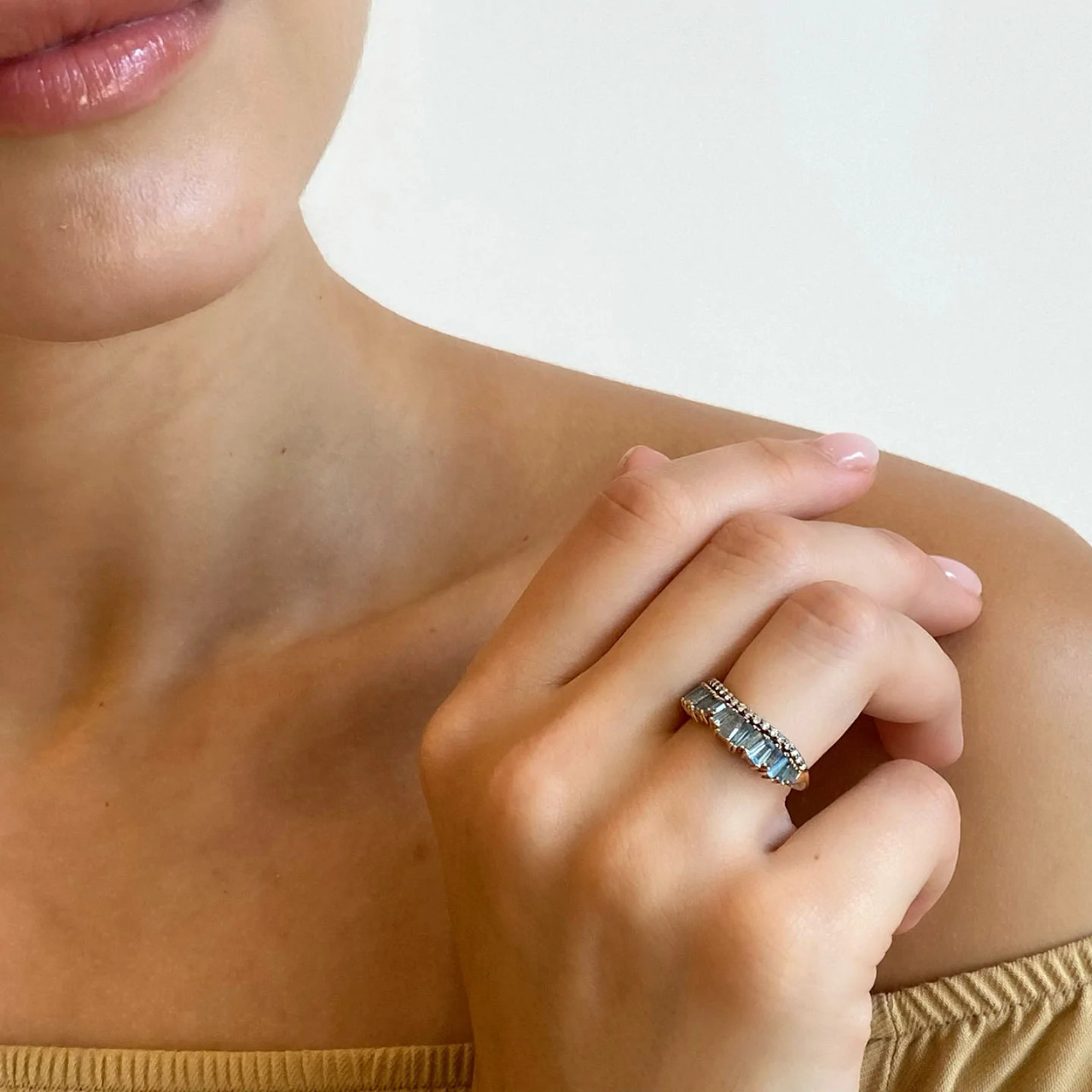 Nak Armstrong: Aquamarine & Labradorite Single Ruched Band Ring  in 20ct Rose Gold, tomfoolery london