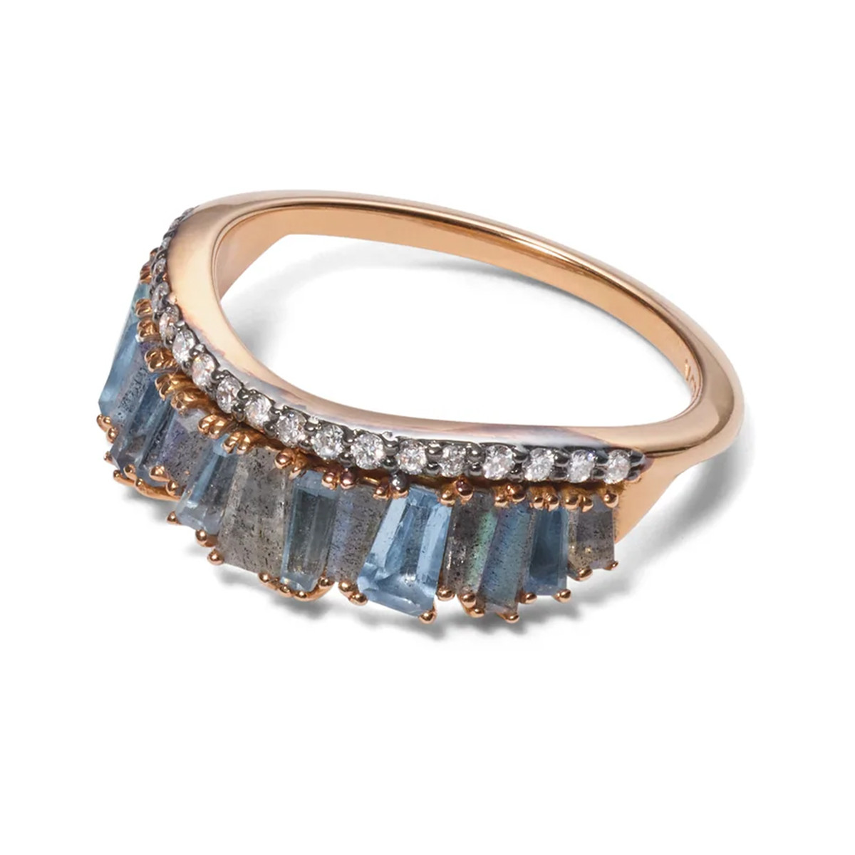 Nak Armstrong: Aquamarine & Labradorite Single Ruched Band Ring  in 20ct Rose Gold, tomfoolery london