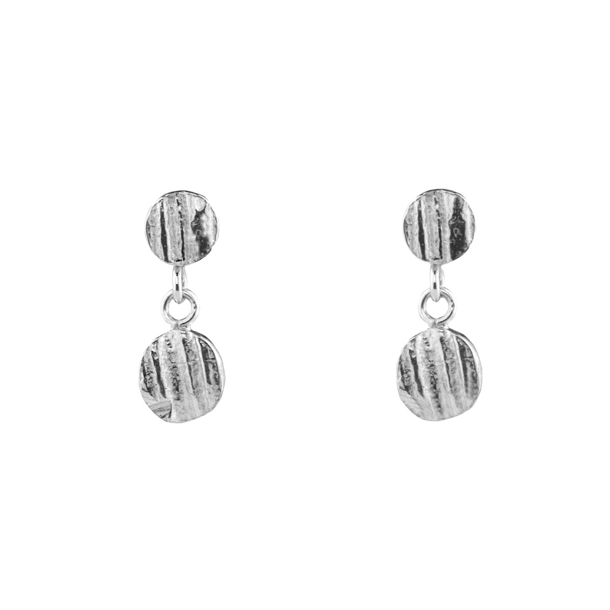 Issy White: Lined Oak Mini Disc Double Drop Earrings in Silver, tomfoolery