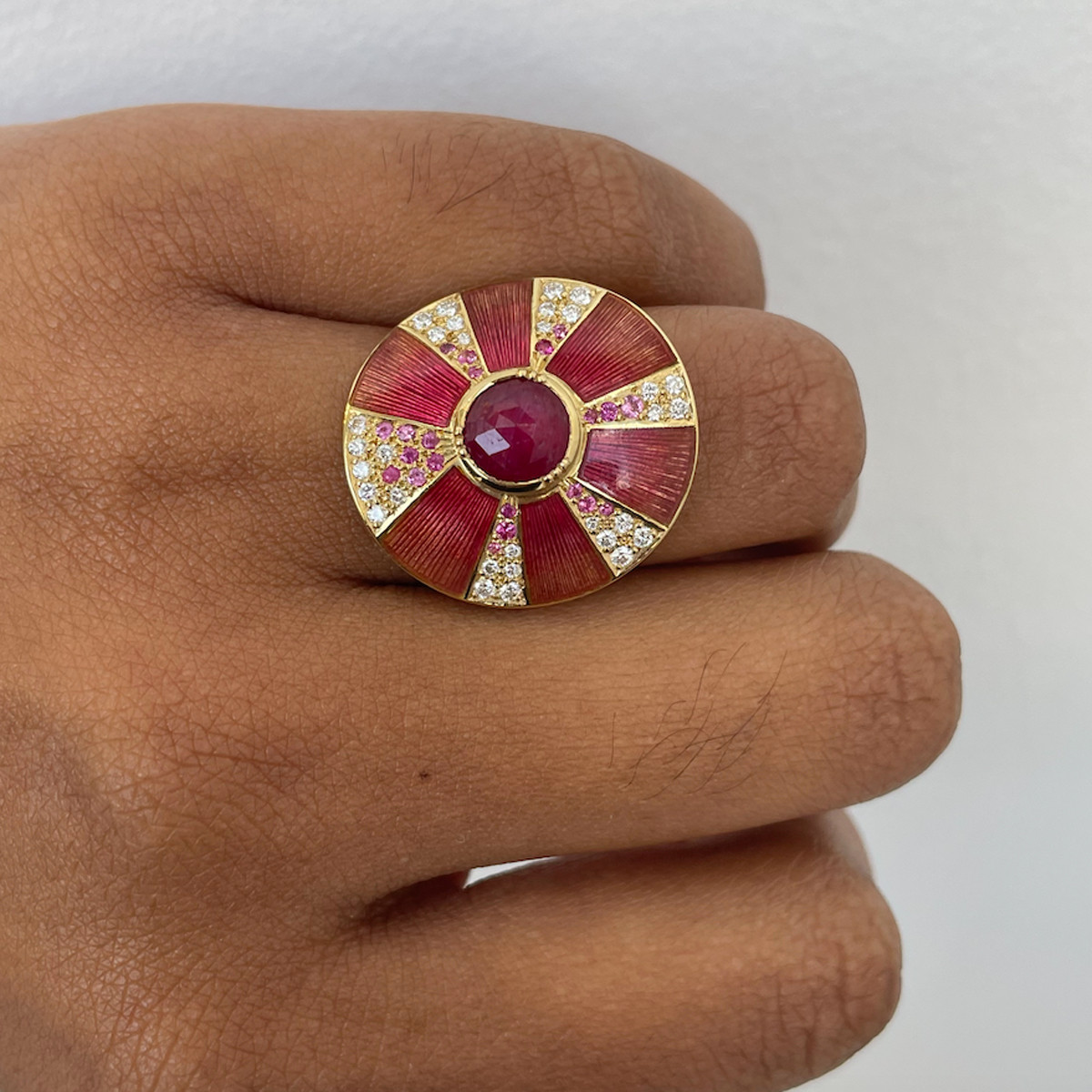 Ruby Diamond Pinwheel Art Ring  by Brooke Gregson available at tomfoolery London as a part of Art Ring 2022 exhibition.