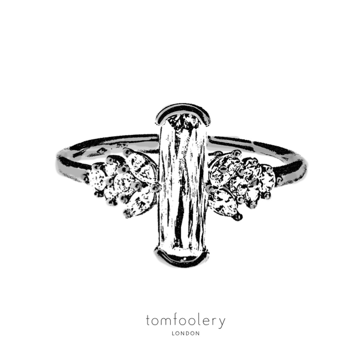 OOAK Elongated Cushion Diamond Ring with Floral Sides Art Ring Art Ring by Wwake available at tomfoolery London as a part of Art Ring 2022 exhibition.