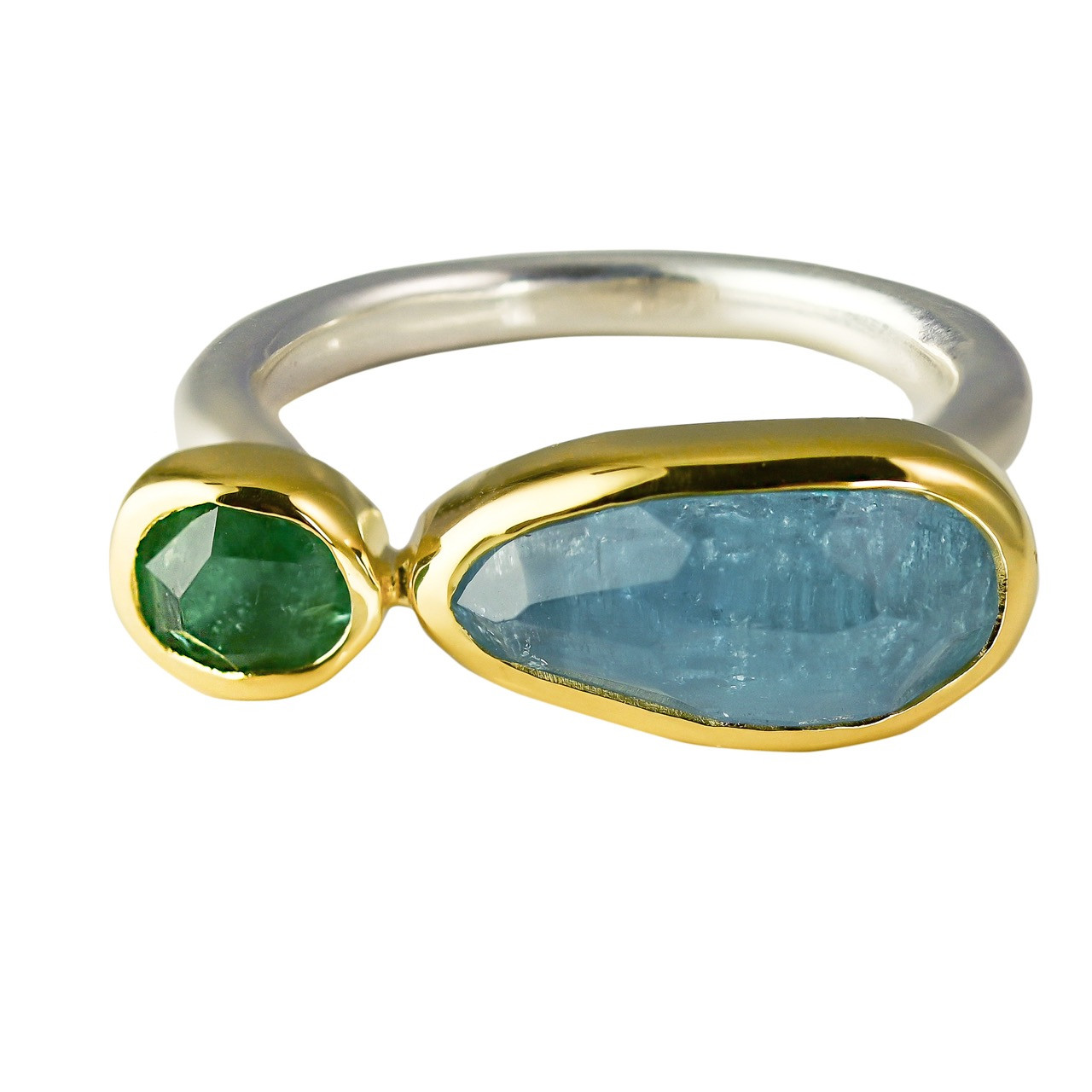 Green Amethyst, Aquamarine, 18ct Yellow Gold & Silver Ring, Margoni, tomfoolery