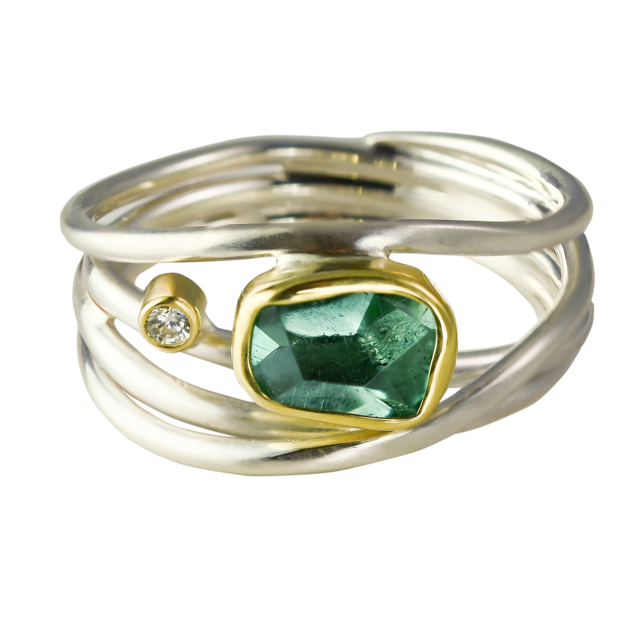 Green Amethyst, Diamond, 18ct Yellow Gold & Silver Narrow Wrap Ring, Margoni, tomfoolery