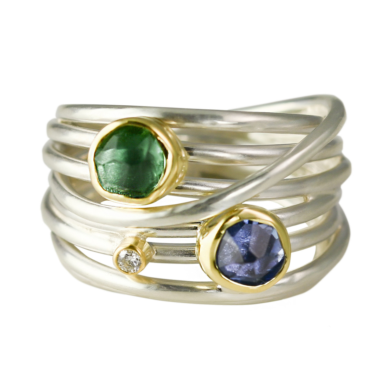 Green Amethyst, Tanzanite, Diamond, 18ct Yellow Gold & Silver Wide Wrap Ring, Margoni, tomfoolery