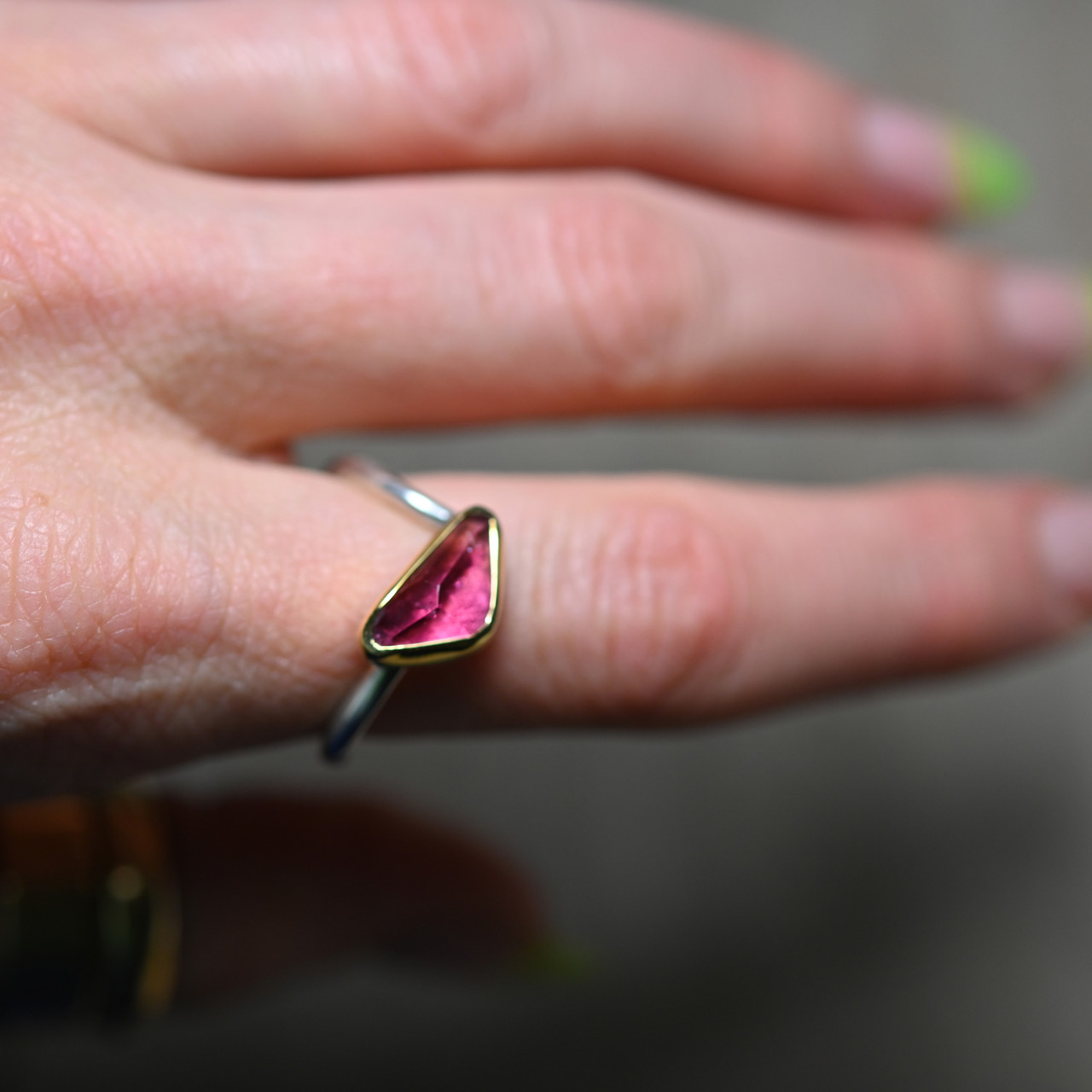 Irregular Cut Red Tourmaline, 18ct Yellow Gold & Silver Stacking Ring, Margoni, tomfoolery