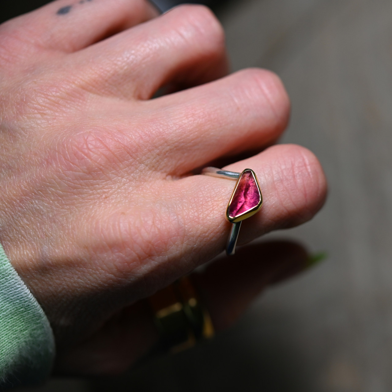 Irregular Cut Red Tourmaline, 18ct Yellow Gold & Silver Stacking Ring, Margoni, tomfoolery