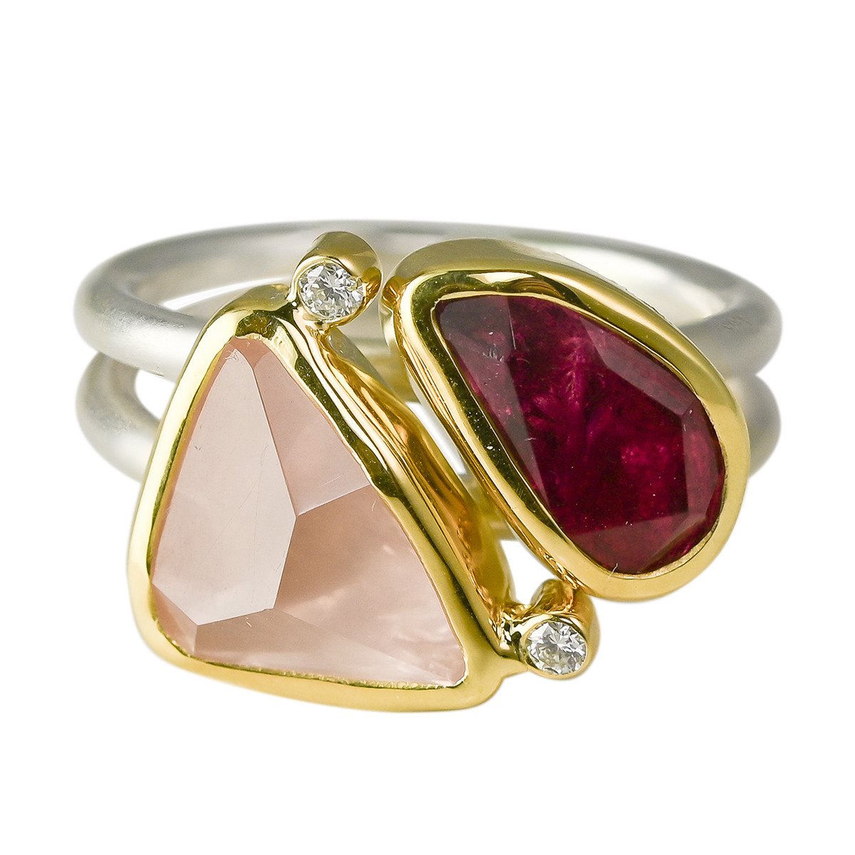 Pink Tourmaline, Rose Quartz & Diamond Double Band Ring, Margoni, tomfoolery