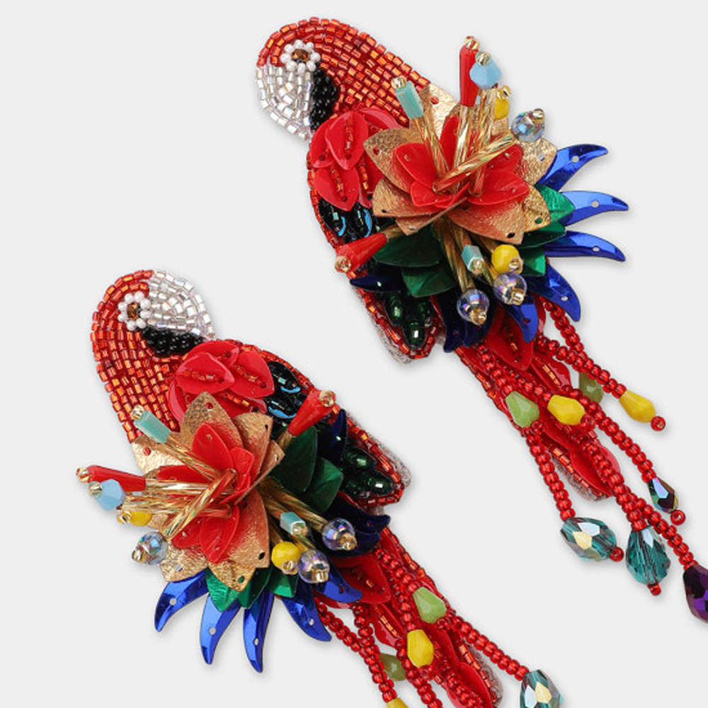 Red Parrot Beaded Earrings, Olivia Dar, tomfoolery