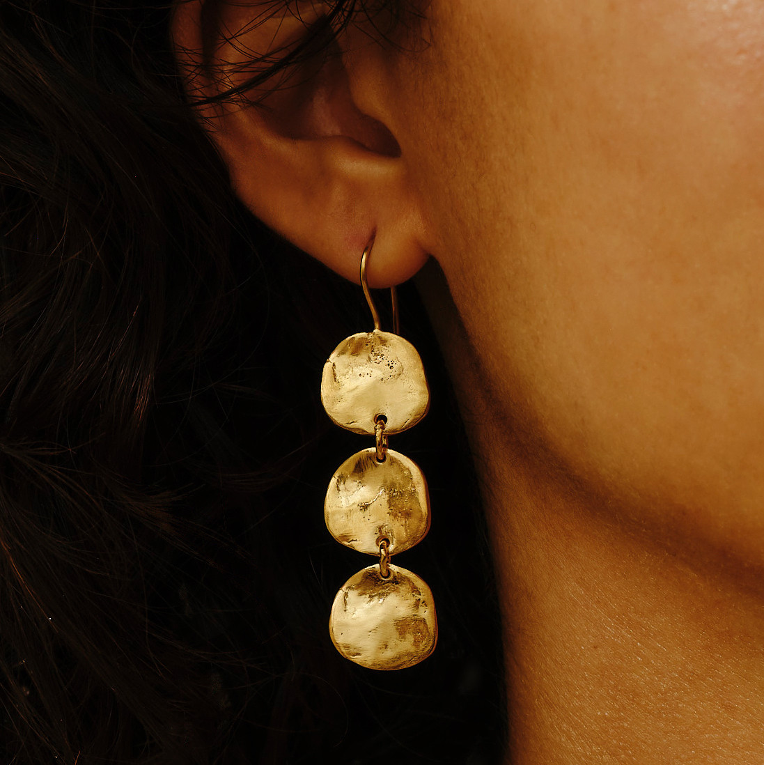 Lola Triple Disc Gold Earrings, Karen Hallam, tomfoolery