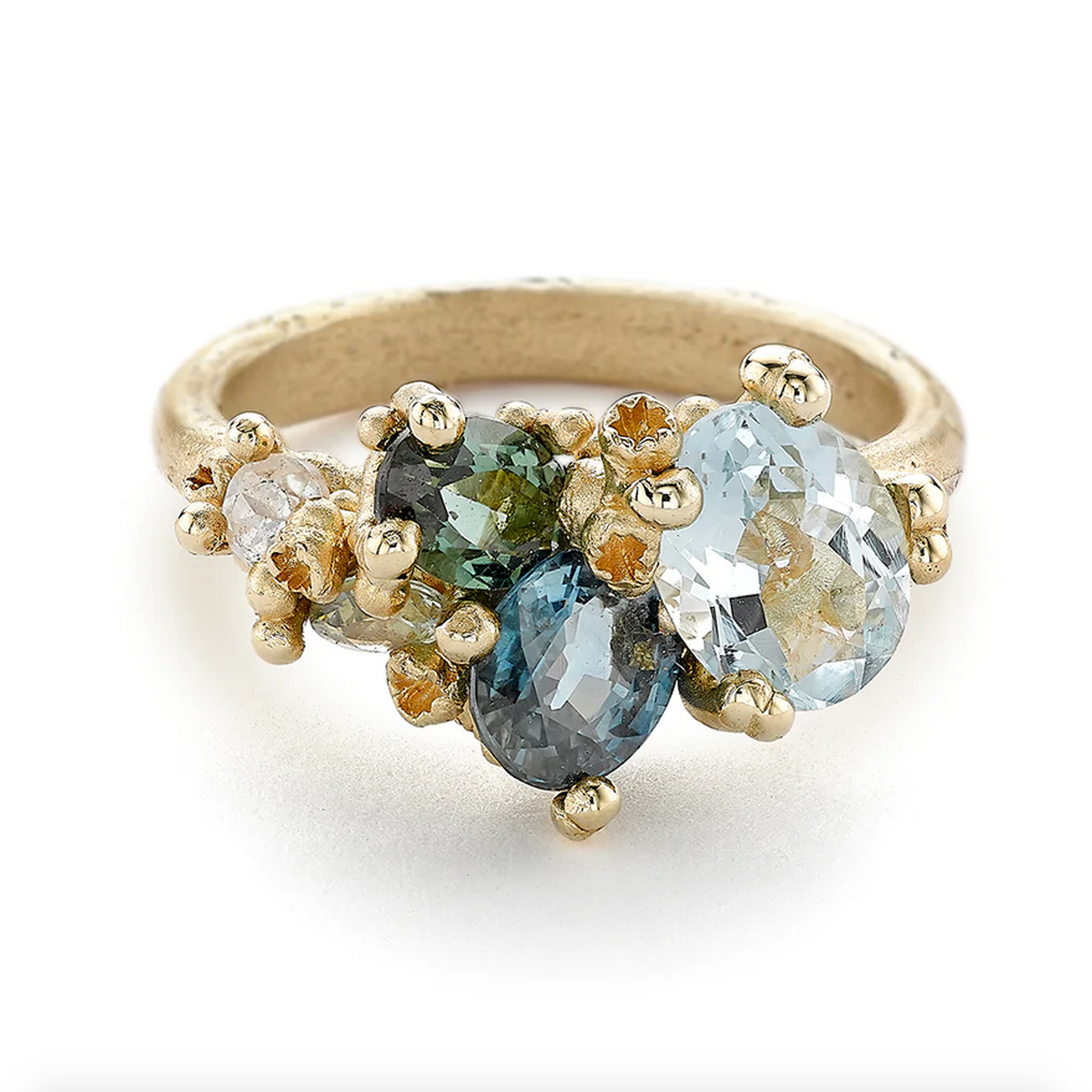 Ruth Tomlinson : Aquamarine and Tourmaline Asymmetric Ring  now available at Tomfoolery London