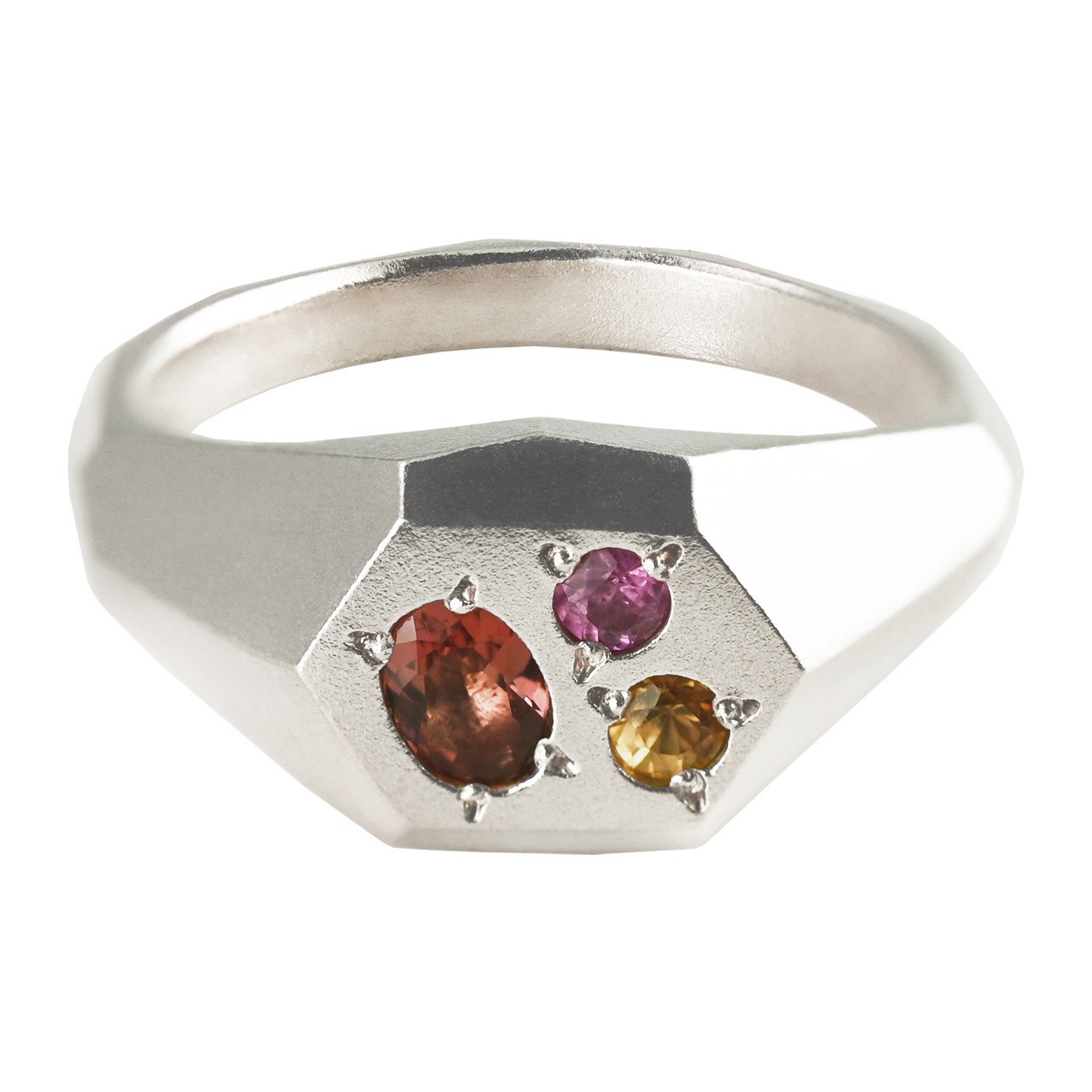 Faceted Signet Ring w. Red Tourmaline, Orange & Pink Sapphires, Maria Manola, tomfoolery