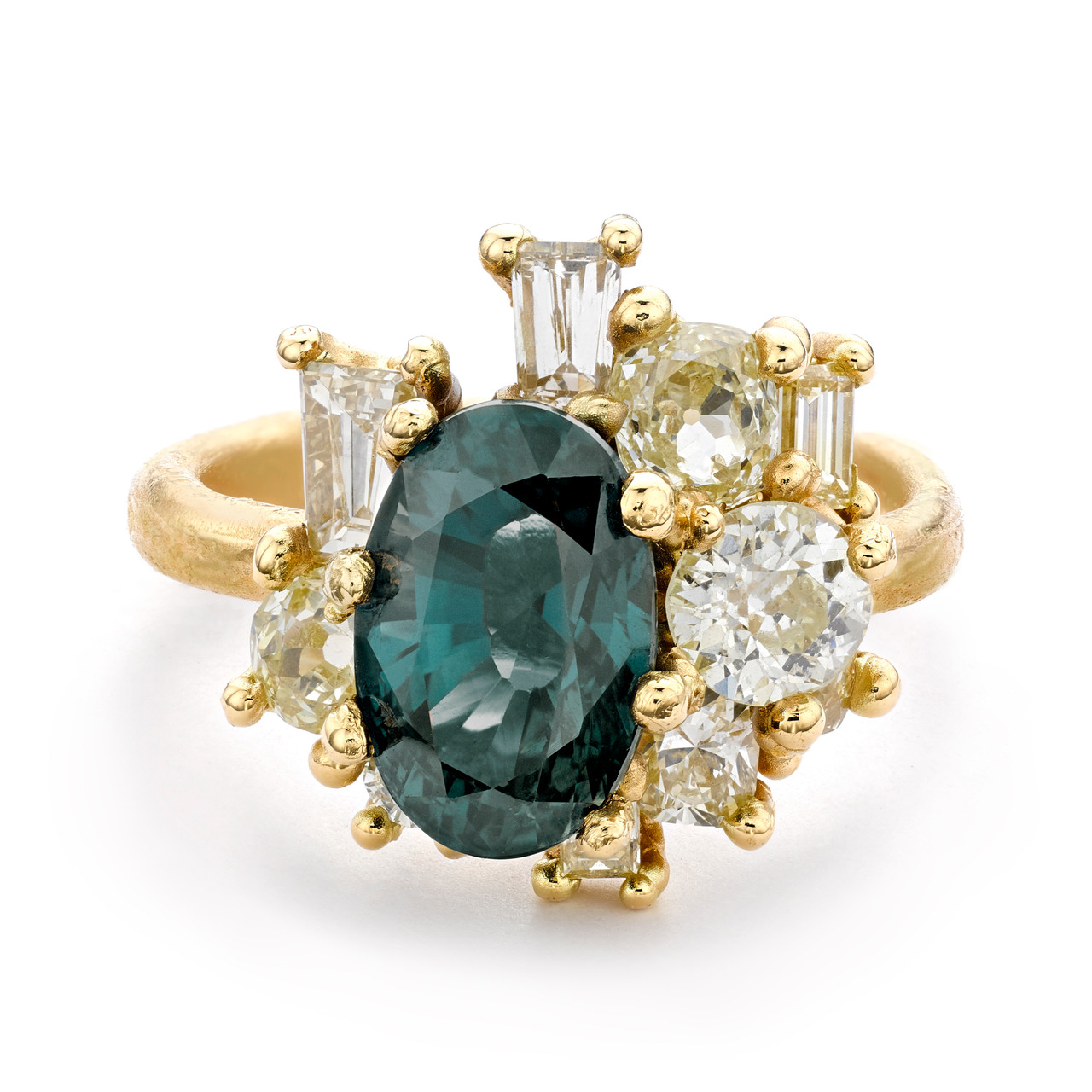 Oval Teal Sapphire and Diamond Sweeping Cluster Ring, Ruth Tomlinson, tomfoolery