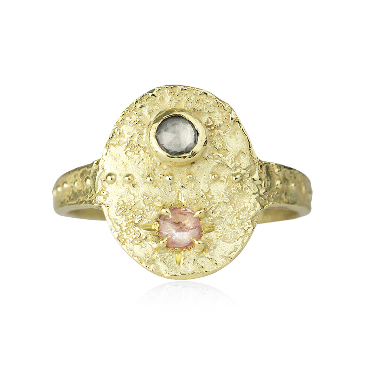 Pastel Pink & Blue Sapphire Rustic Shield Ring, Momocreatura, tomfoolery