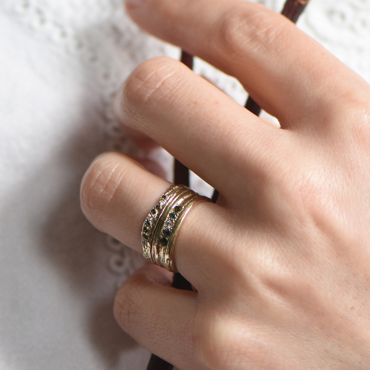 Wide Oak Five Stone Ring, Issy White, Tomfoolery London