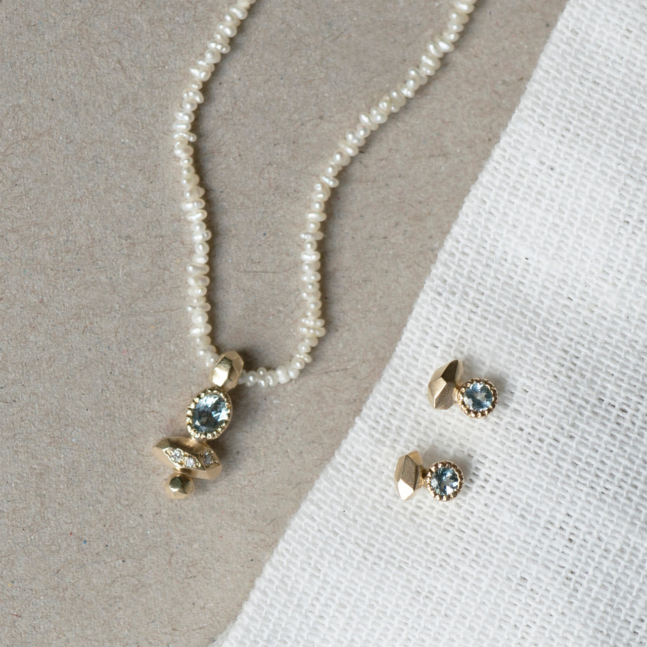 Gea Pearl Column Necklace with Aquamarine & Diamonds, Maria Manola, tomfoolery