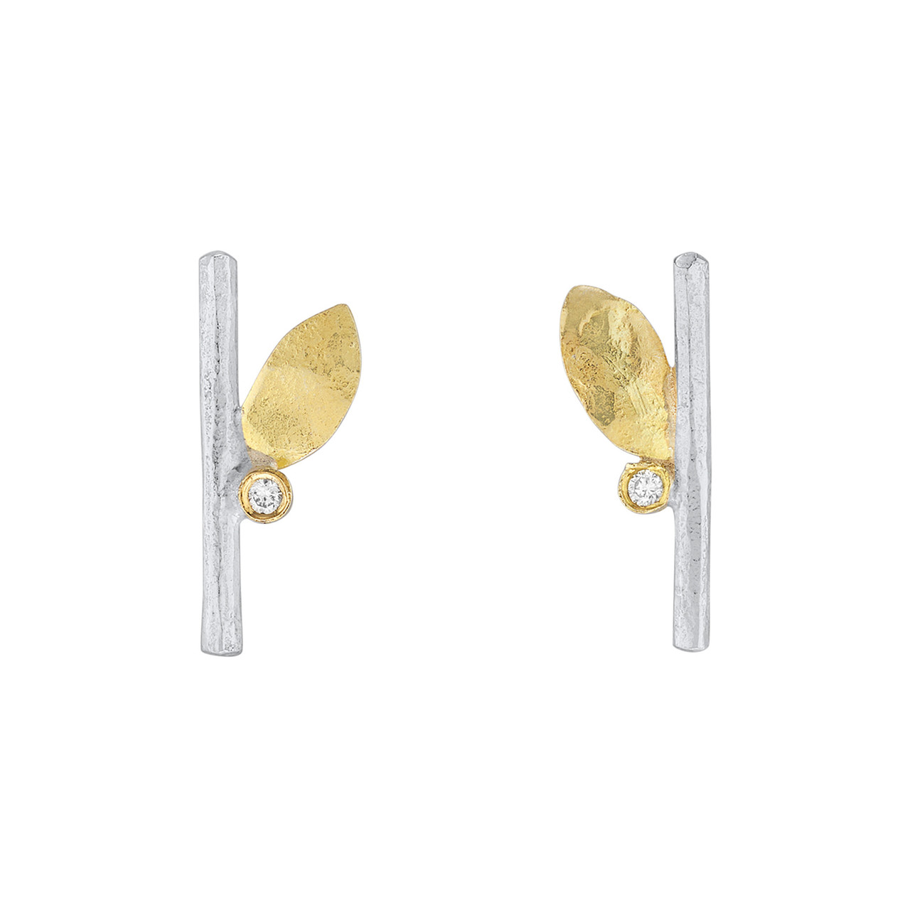 Small Silver & Gold Leaf Studs with Diamonds, Shimara Carlow, tomfoolery