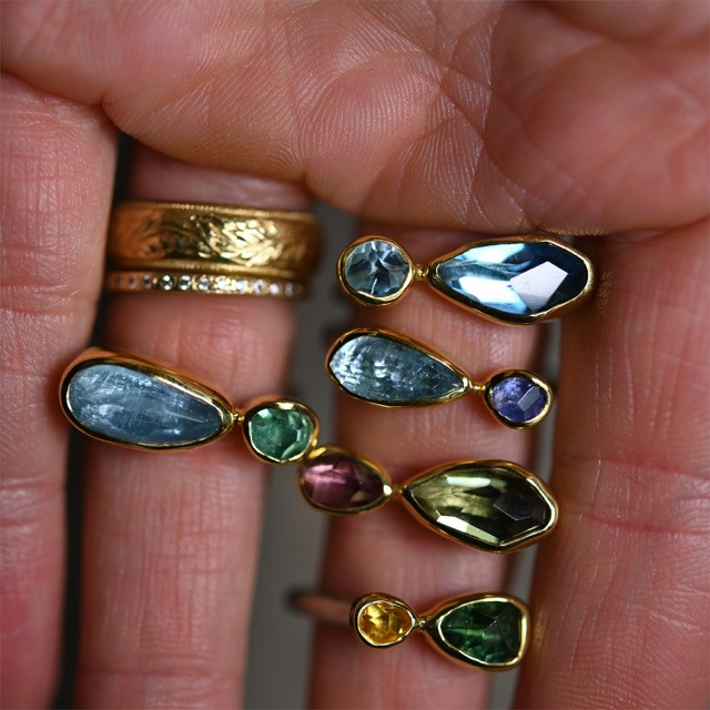 Tanzanite, Aquamarine, 18ct Yellow Gold & Silver Ring, Margoni, tomfoolery
