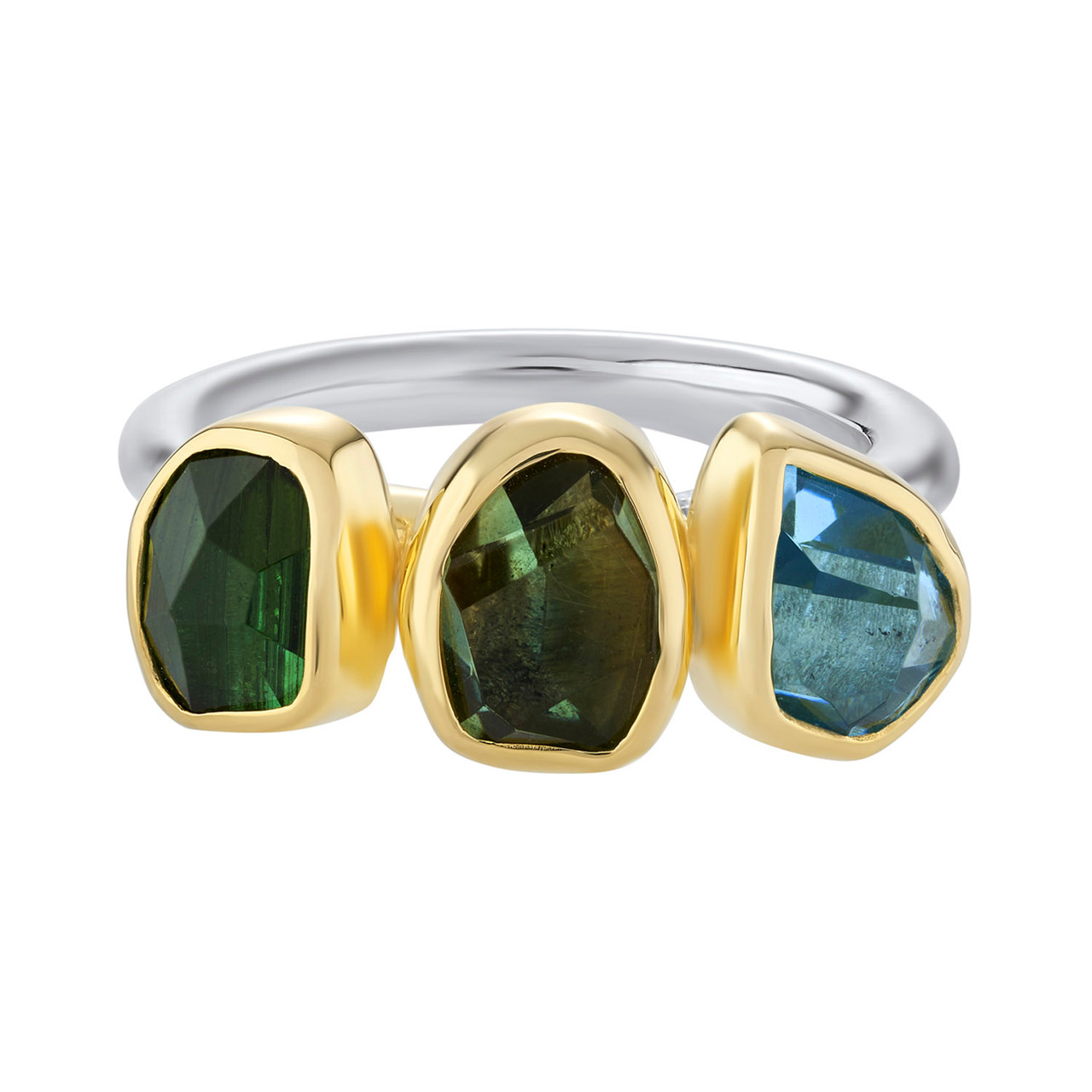 Aquamarine, Green Tourmaline & Green Amethyst Three Stone Rounded Band Ring, Margoni, tomfoolery
