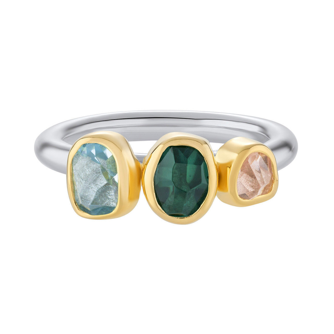 Aquamarine, Green Tourmaline & Morganite Three Stone Rounded Band Ring, Margoni, tomfoolery