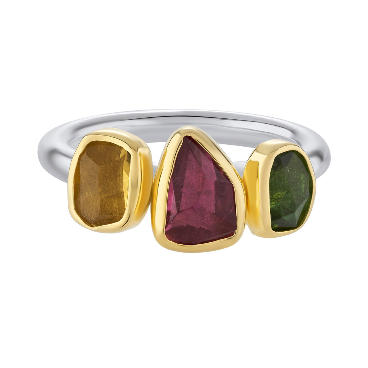 Green & Pink Tourmaline & Heliodor Three Stone Rounded Band Ring, Margoni, tomfoolery