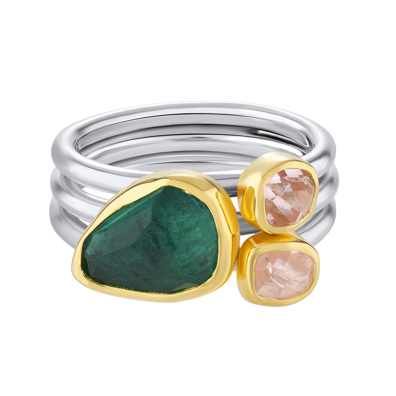 Green Quartz & Morganite 18ct Yellow Gold & Silver Triple Band Ring, Margoni, tomfoolery