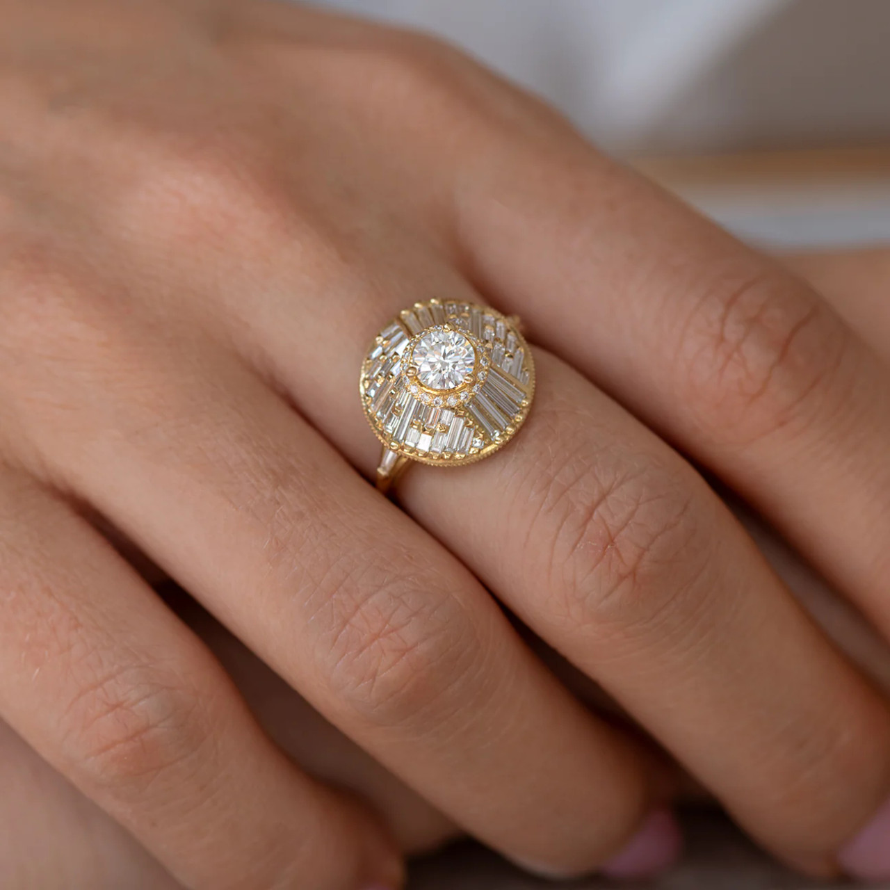 Halo Engagement Ring with Baguette Diamonds, Artemer, tomfoolery