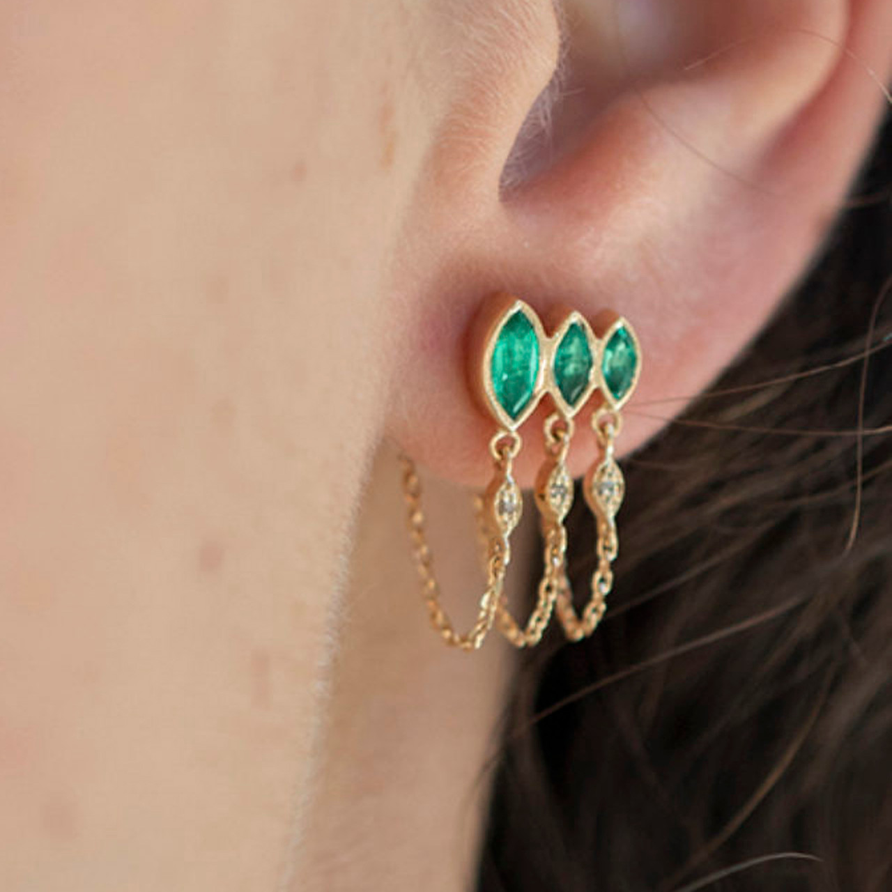 Triple Marquise Emerald Chain Single Earring, Celine Daoust, tomfoolery