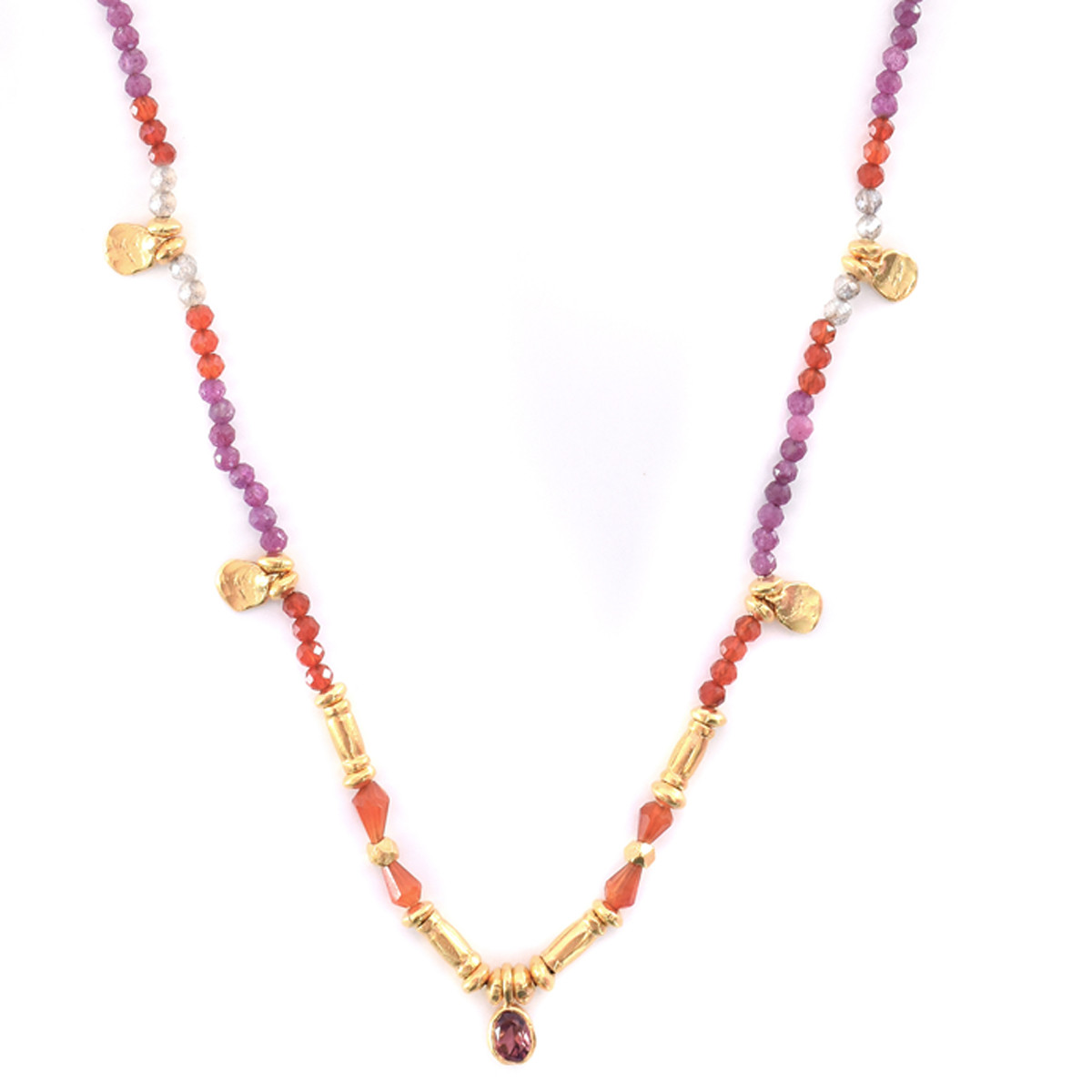 Smarties Gold Plated Beaded Necklace with Ruby, Carnelian & Labradorite, Mary Gaitani, tomfoolery