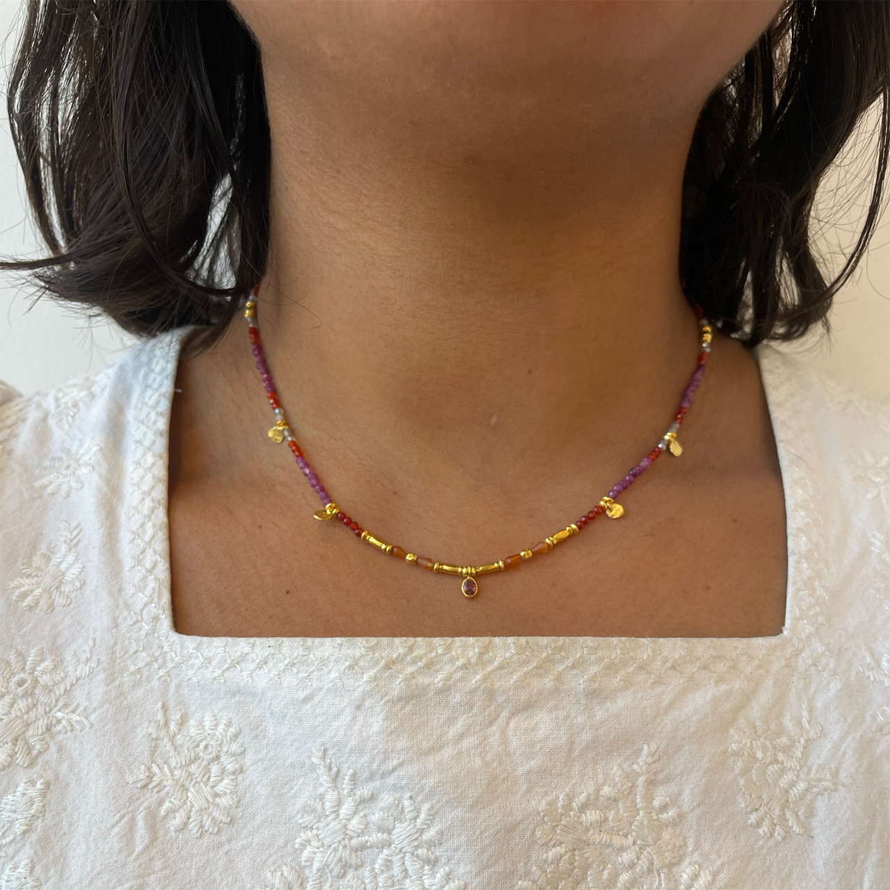 Smarties Gold Plated Beaded Necklace with Ruby, Carnelian & Labradorite, Mary Gaitani, tomfoolery