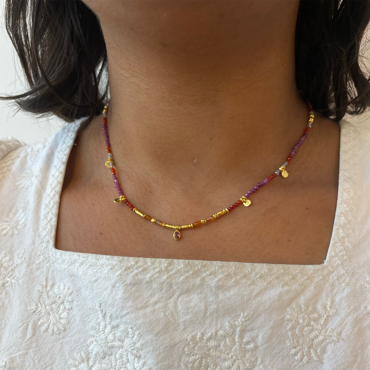 Smarties Gold Plated Beaded Necklace with Ruby, Carnelian & Labradorite, Mary Gaitani, tomfoolery